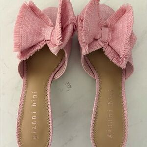 Gianni Bini Pink Frayed Bow Mules